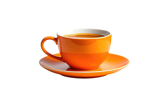 Orange cup of dark liquid on matching saucer, set against a plain black background in a simple studio shot
