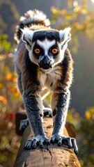 Obraz premium A ring-tailed lemur, focused and alert, walks along a wooden beam with the sun creating a vibrant backdrop of leaves