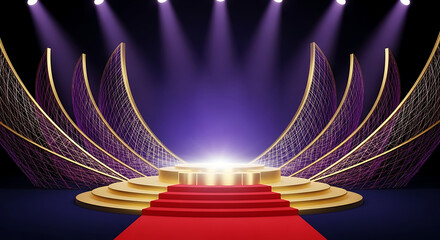 A grand stage with a red carpet and golden decorative elements under purple spotlights