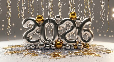 Shiny New Year Balloons Celebrate 2026 With Gold and Silver Ornaments