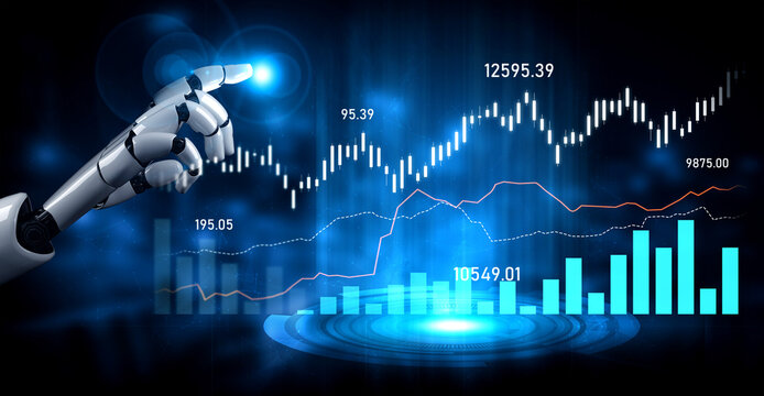 A futuristic robotic hand points at a digital financial graph, showcasing rising stock prices and dynamic data visualizations on an abstract technology background. Scalp