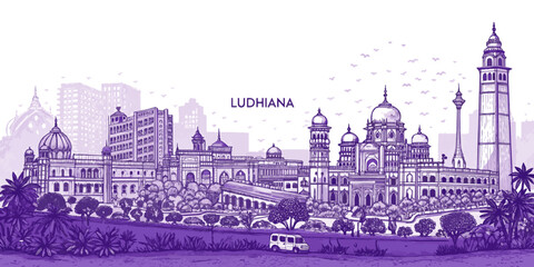 Ludhiana Skyline Line Art Illustration for Travel Posters, Tourism Promotion, and Cultural Merchandise Featuring Clock Tower, Phillaur Fort, and Lodhi Fort
