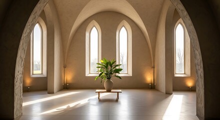 Obraz premium Grand Hallway with Arched Windows and Sunlight Beams architecture interior