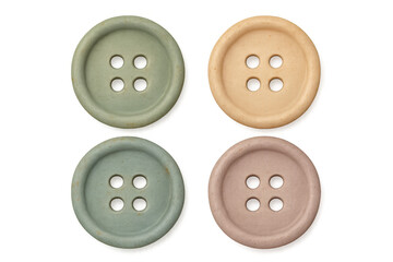 Four rustic style sew-through buttons in pastel colors with four holes, craft supplies on transparent background
