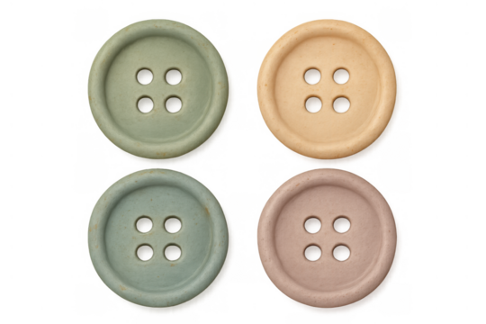 Four rustic style sew-through buttons in pastel colors with four holes, craft supplies on transparent background