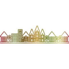 Cityscape silhouette with varied architectural styles featuring trees and houses in a gradient of...