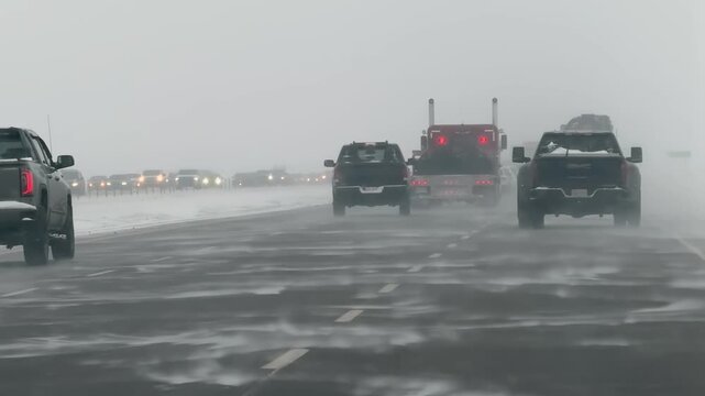 Blizzard-hit multi-lane highway with cars, SUVs, pickup and semi truck driving in low visibility and snowy, icy road conditions.