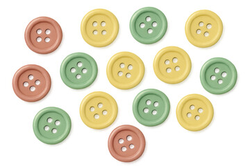 Colorful sewing buttons with four holes in pastel shades of green, yellow, and salmon, scattered on transparent background
