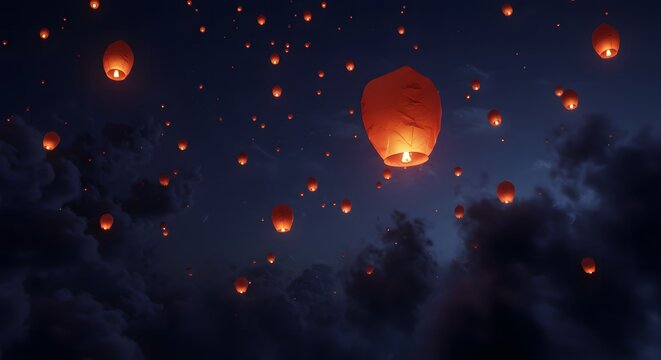Chinese New year, Sky Lanterns Floating Through the Night Sky Celebration, Hope an - Powered by Adobe