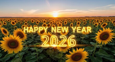Happy New Year 2026 Sunflower Field Sunset
