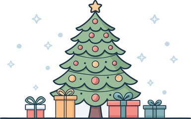 Festive Christmas tree adorned with ornaments and surrounded by beautifully wrapped gifts, perfect for holiday greetings and seasonal designs.