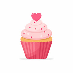 Cute cartoon pink cupcake with heart sprinkles and a large heart on top, isolated on white background.