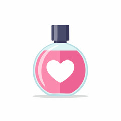 A round glass bottle of pink perfume with a white heart symbol on it.