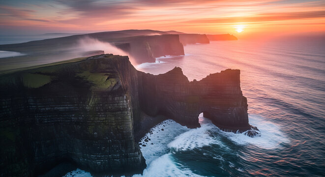 Dramatic Coastal Cliffs at Sunset with Powerful Ocean Waves and Golden Sky – Majestic Seascape, Rugged Shoreline, Natural Arch Formation, and Breathtaking Scenic Landscape for Travel and Nature Themes