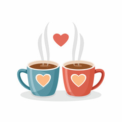 Two colorful coffee mugs with hearts sharing a moment of love and warmth.