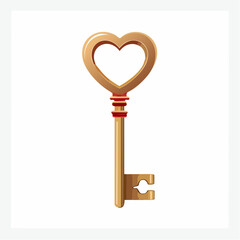 Ornate antique golden key with a heart-shaped handle isolated on a white background.