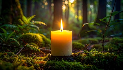 A brightly lit candle sits amidst vibrant green moss and foliage in a sun-dappled forest, creating a warm, inviting glow
