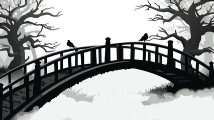 Eerie silhouette of birds perched on a bridge in a misty forest, creating a mysterious and serene scene