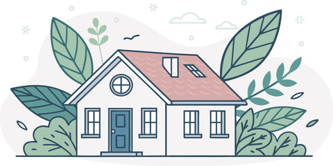 Charming minimalist house illustration surrounded by lush greenery and whimsical clouds, perfect for real estate or lifestyle concepts.