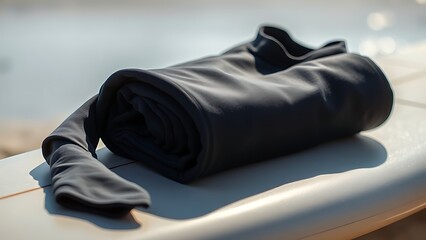 rashguard. Rolled-up rashguard resting on a surfboard at the beach in sunlight. event key visuals, club posters, designed for fitness apps and gym onboarding, used by fitness trainers.