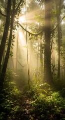 Obraz premium Misty Forest Sunrise with Sunbeams Filtering Through Lush Green Canopy.