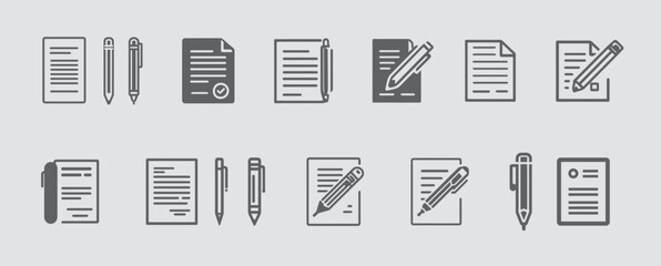 Set of document and writing utensil icons showing various actions and status