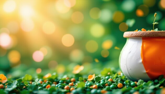 A vibrant and abstract illustration featuring the colors of the Irish flag green, white, and orange