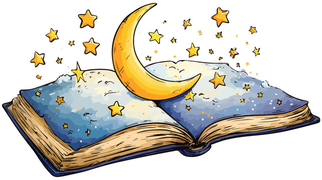 Enchanting Book Design with Moon and Stars Vector Illustration