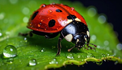Obraz premium Ladybug on Wet Leaf.