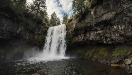 Fototapeta premium Majestic waterfall cascading into a pool surrounded by lush greenery & rocky cliffs, sky visible
