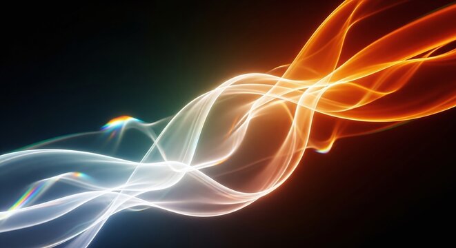 Abstract flowing light trails in blue and orange against a dark background