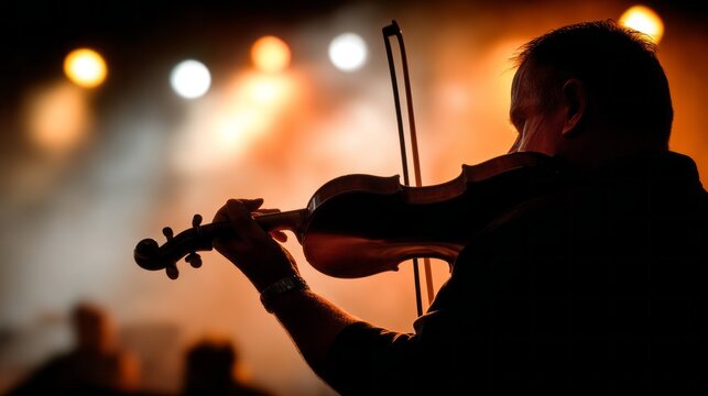 A talented violinist captivates the audience with a heartfelt performance, framed in shadow against a backdrop of glowing stage lights. The atmosphere is charged with energy and passion