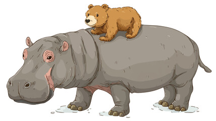 Unique Vector Drawing of Hippo with Bear, Perfect for Wildlife Designs
