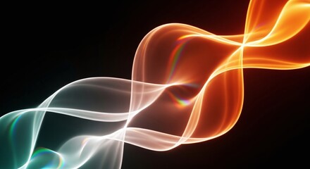 Intertwining ribbons of orange and white light against a black backdrop