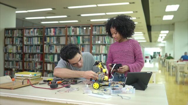 A teacher guiding students in a robotics project during a STEM class in the library