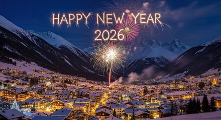 Happy New Year 2026 Festive Mountain Village Celebration