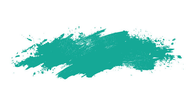 Teal paint splatter and brush stroke texture on white background with scattered droplets and rough edges