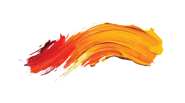 Thick textured red orange yellow paint brush stroke smear on white background with visible bristle marks and layered color
