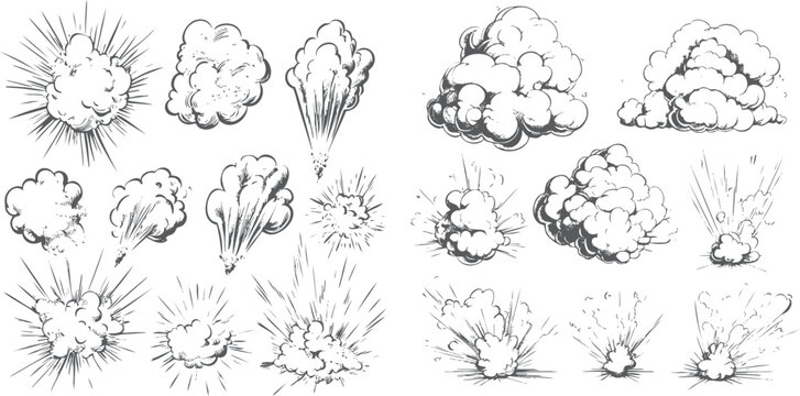 Collection of hand drawn comic book style explosion and smoke cloud illustrations in monochrome blast