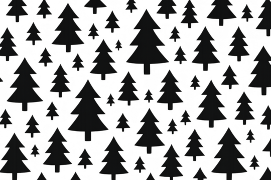 Repeating pattern of black stylized pine trees over a transparent background, perfect for winter and christmas themes