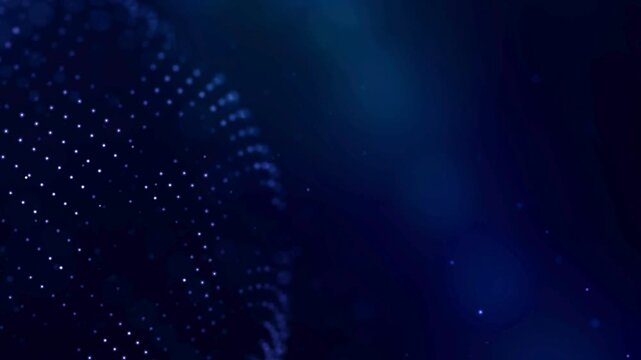 Digital blue rotating particle sphere background loop. Connected dots for global data, led fiber rays, tech background.