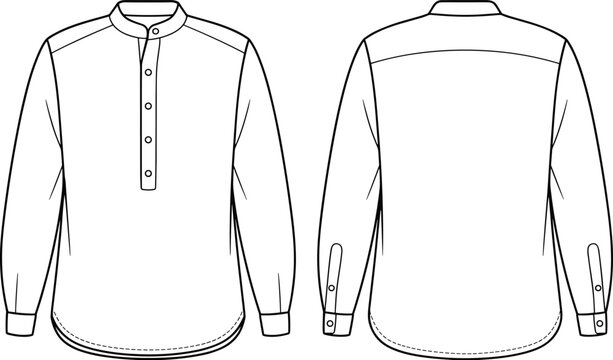 Mandarin collar shirt, long sleeve casual men’s shirt, button placket front, cuff buttons, rounded hem design, classic style, CAD drawing, flat vector illustration