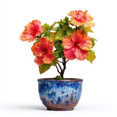 Vibrant Red Orange Hibiscus Flowers in Blue Brown Ceramic Pot