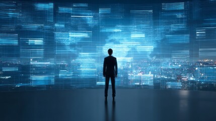 In a sleek, modern setting, a businessman stands alone, absorbing dynamic data projected on a massive screen. The glowing cityscape illuminates the background, creating a captivating atmosphere