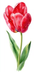 Vibrant Red Tulip Watercolor Painting on White