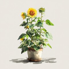 Vibrant Sunflowers in Terracotta Pot, Watercolor Style Painting