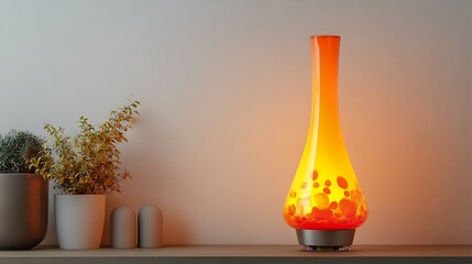 Tall orange lava lamp with glowing wax blobs on a shelf