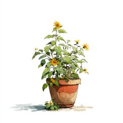 Vibrant Yellow Flowers in Terracotta Pot on White Background