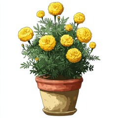 Vibrant Yellow Marigolds in Terracotta Pot, Pixel Art Illustration