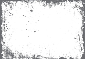Textured grey grunge border with scattered dark spots and scratches on white background vector